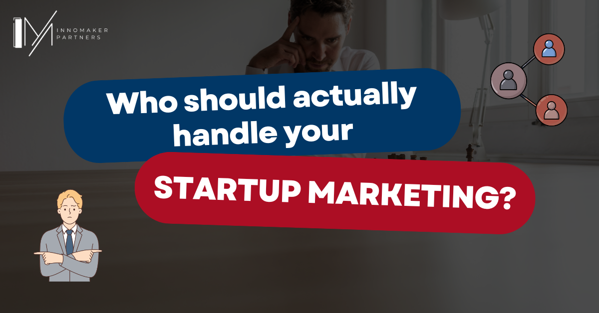 Header image about deciding who should manage startup marketing with founder and team-themed visuals